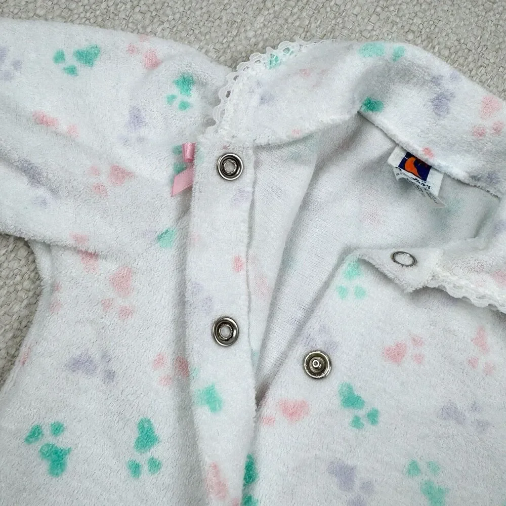 Vintage 80s Carters Terry Cloth Footed Pajamas Baby Girls 0-3 m Lace Trim Hearts